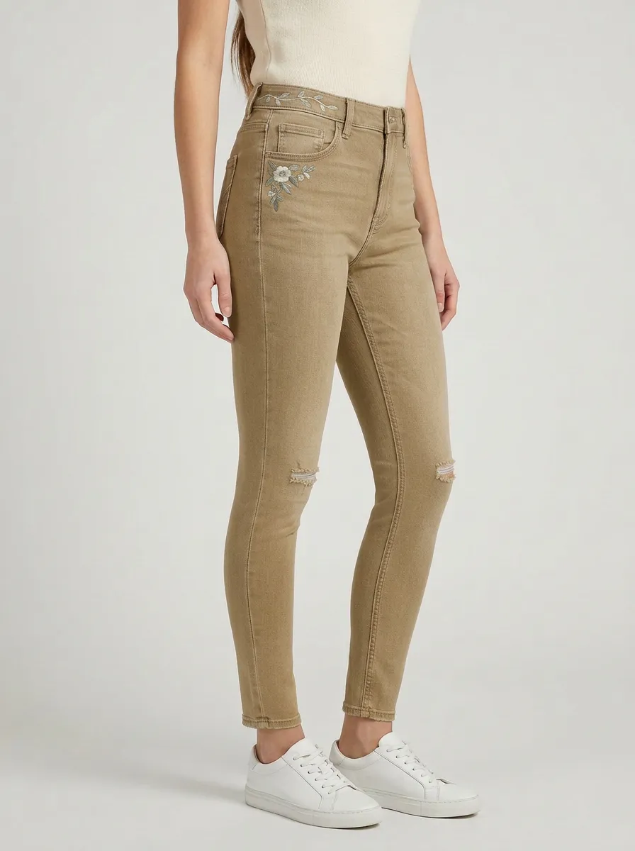 Women's Floral Embroidery Distressed Gray Slim-Fit Jeans