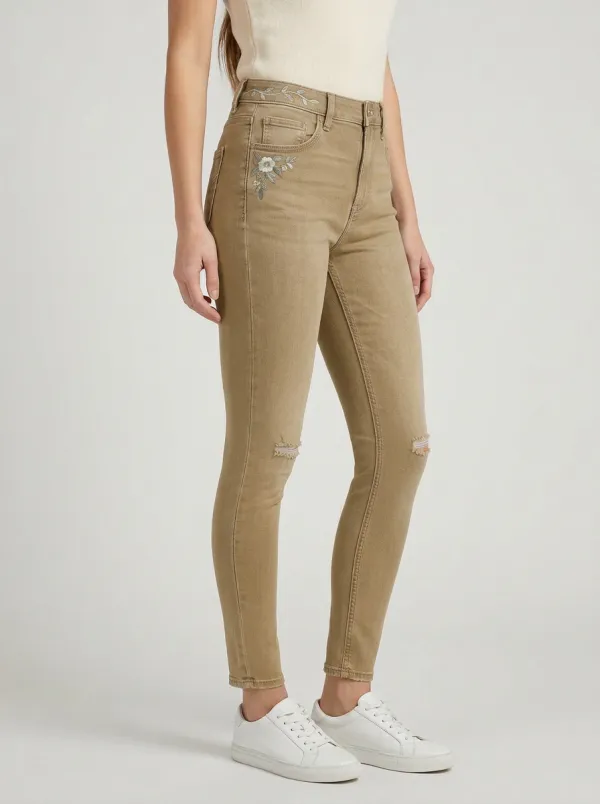 Women's Floral Embroidery Distressed Gray Slim-Fit Jeans
