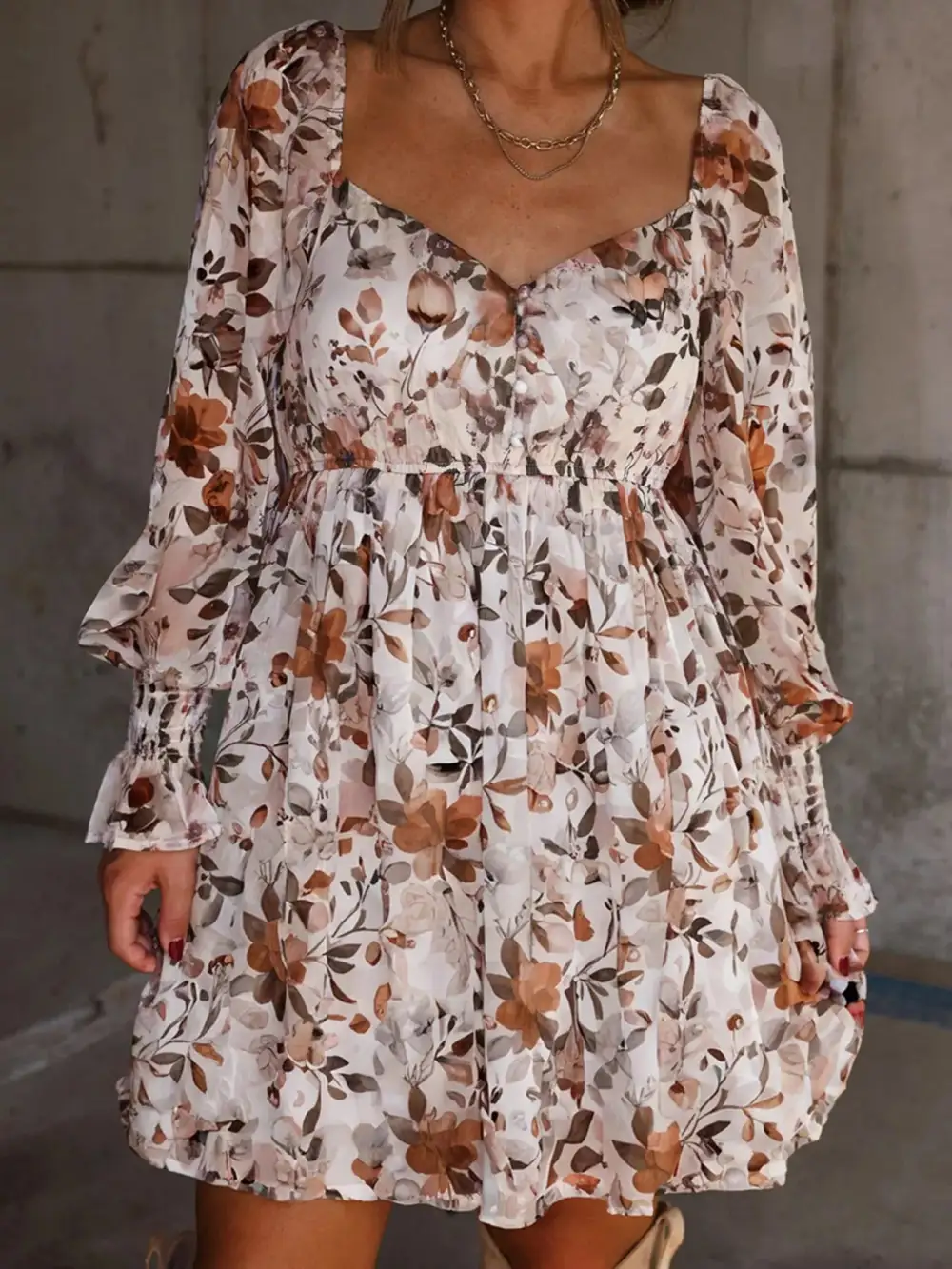 Layered Detail Floral Printed Long Sleeve Mini Dress