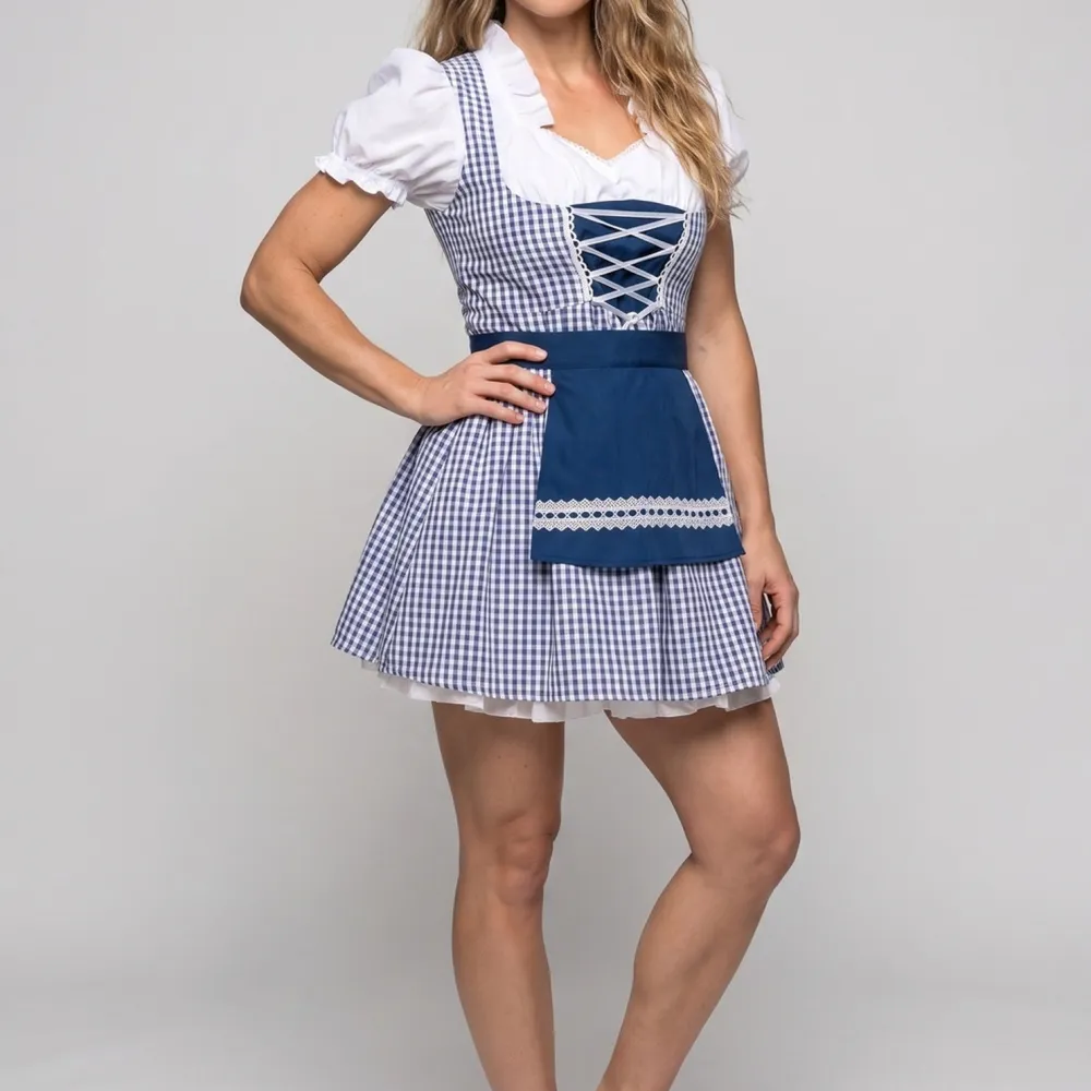 Women's V-Neck Puff-Sleeve Lace Plaid Dress