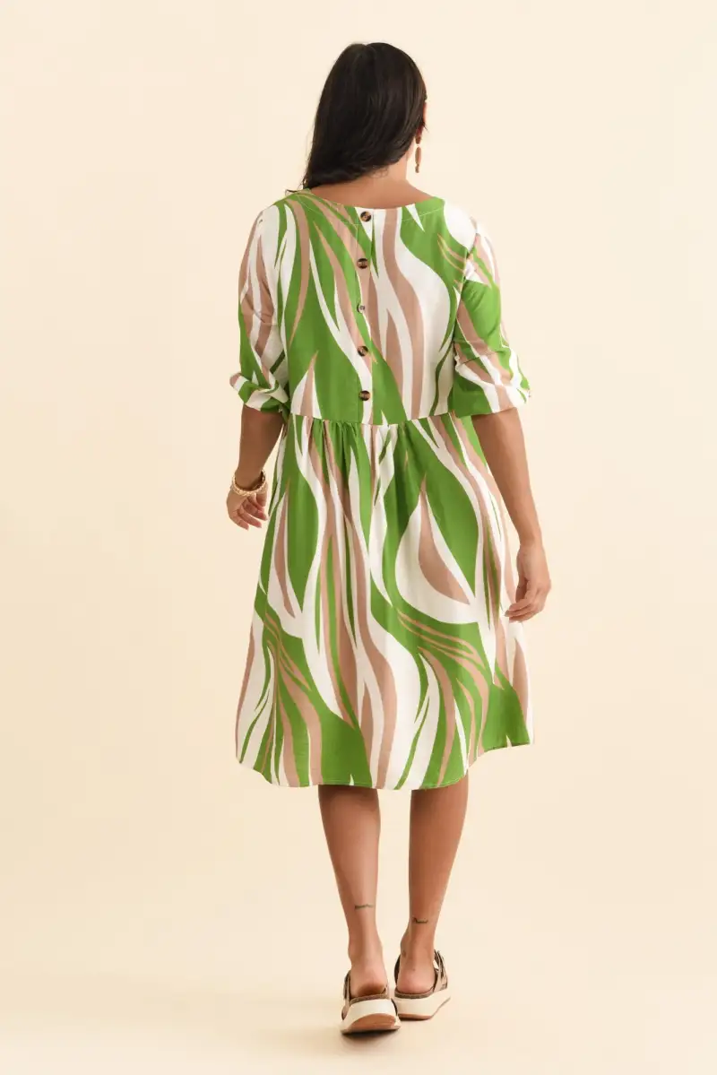 Knee-Length Abstract Cotton Gathered Pocket Round-Neck Half-Sleeve Dress