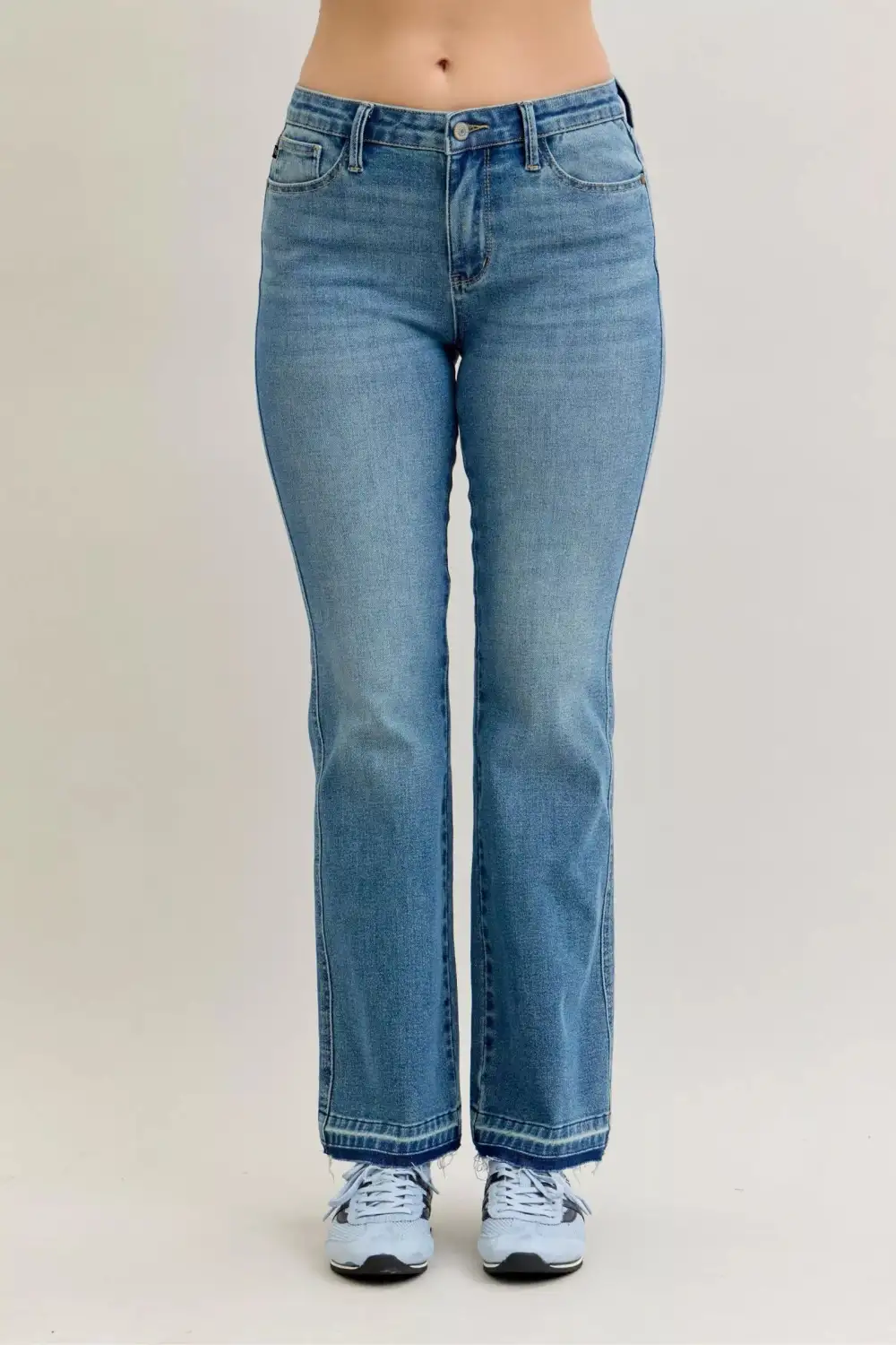 Mid Rise Raw Hem Bootcut Jeans