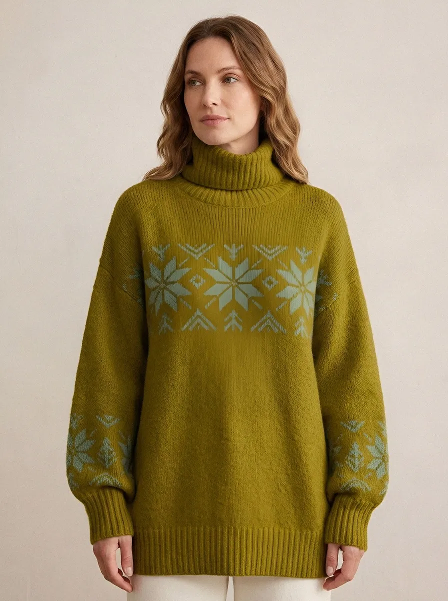 Women's Ribbed Long-Sleeve Geometric Pine-Tree Turtleneck Sweater