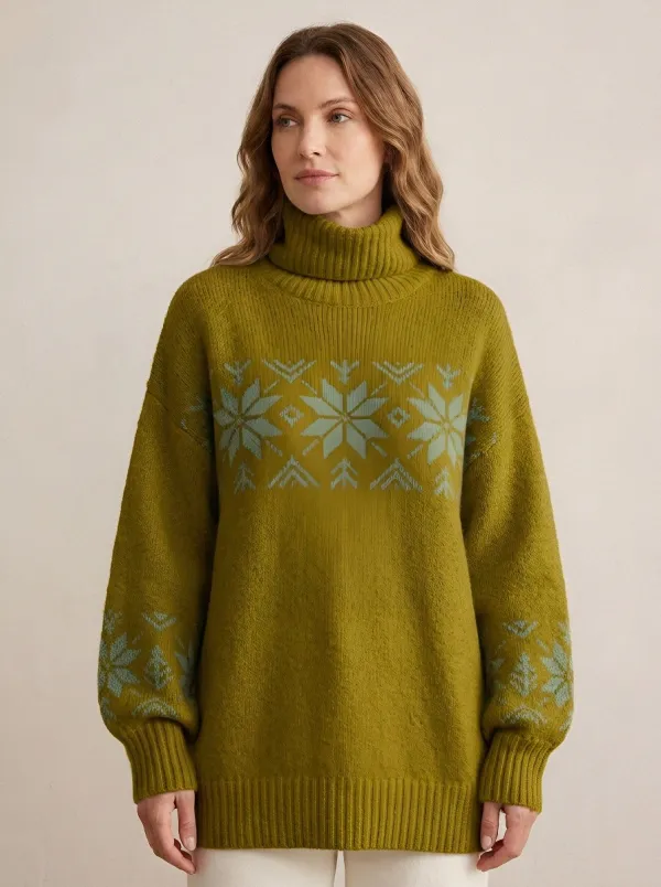 Women's Ribbed Long-Sleeve Geometric Pine-Tree Turtleneck Sweater