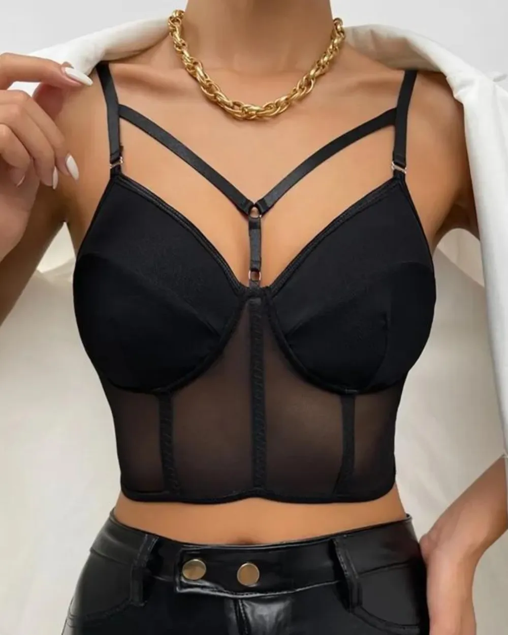 Sheer Mesh Bra with Decorative Straps