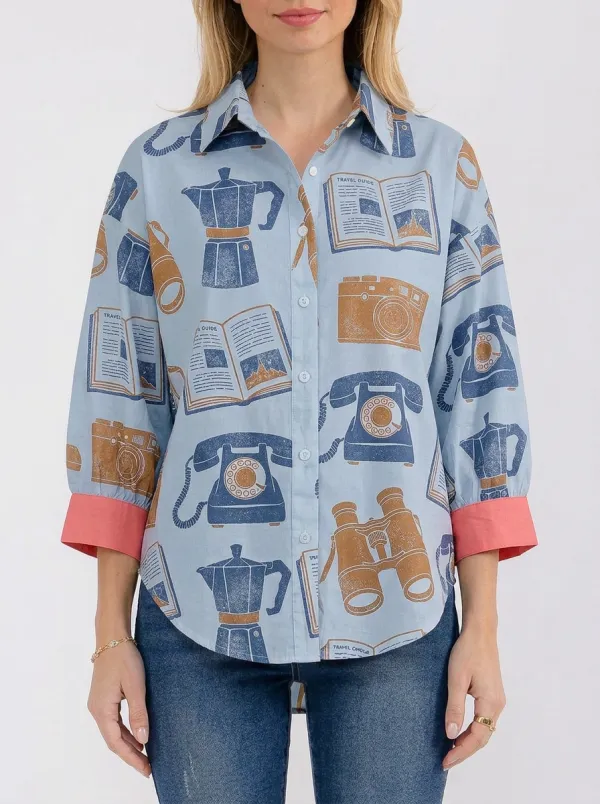 Women's Travel Lover Vintage Objects Printed Button-up Shirt