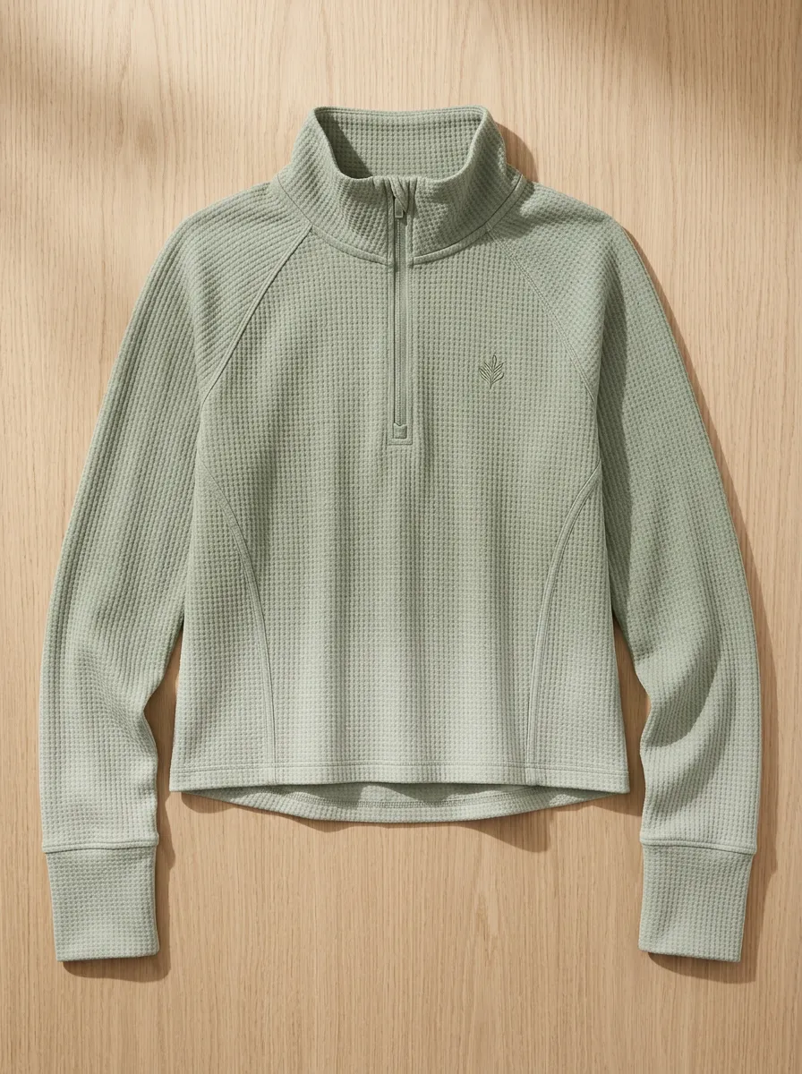 Women's Sage Green Leaf Logo Waffle Knit Quarter Zip Top