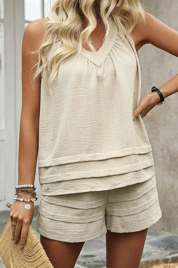 Color V Neck Sleeveless Two Piece Set
