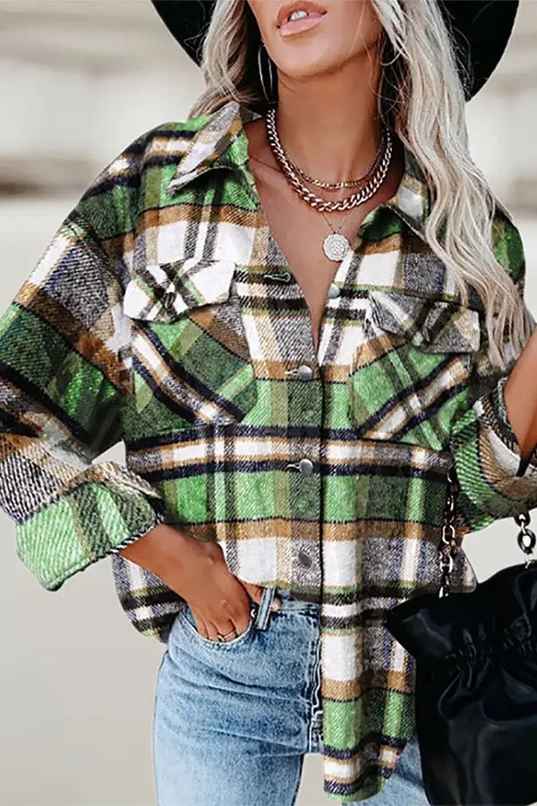 Casual Lapel  Button Plaid Pocket Coat