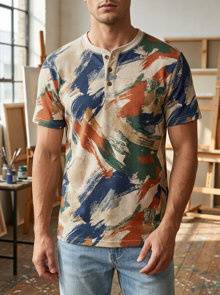Men's Modern Abstract Brushstroke Waffle Henley T-Shirt