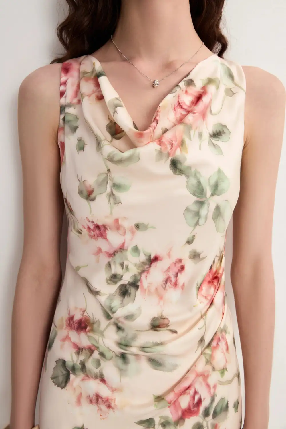 Sleeveless Cowl Neck Floral Silk Maxi Dress