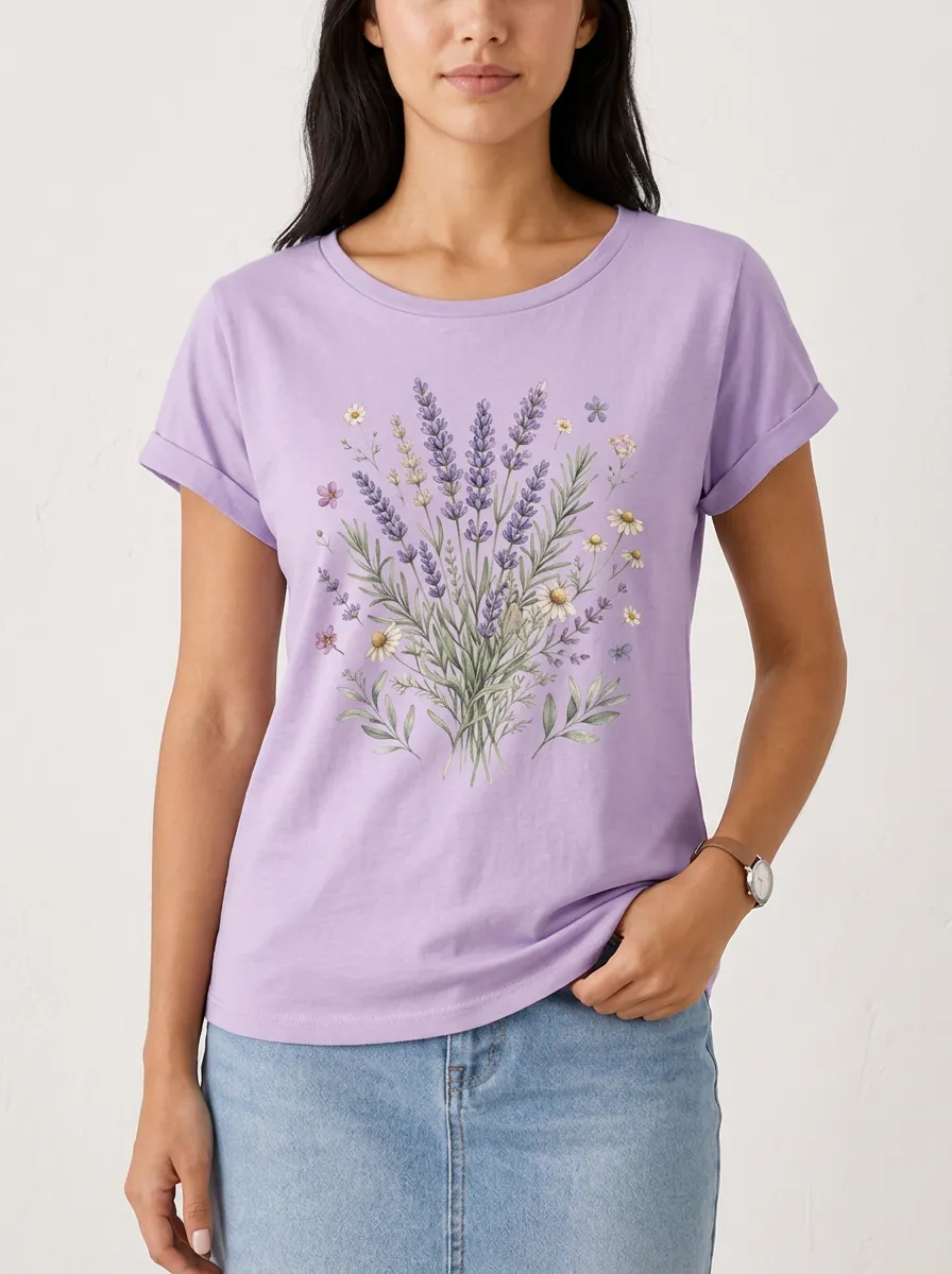 Women's Floral Graphic Crewneck T-Shirt Botanical-Graphic Wildflower-Graphic