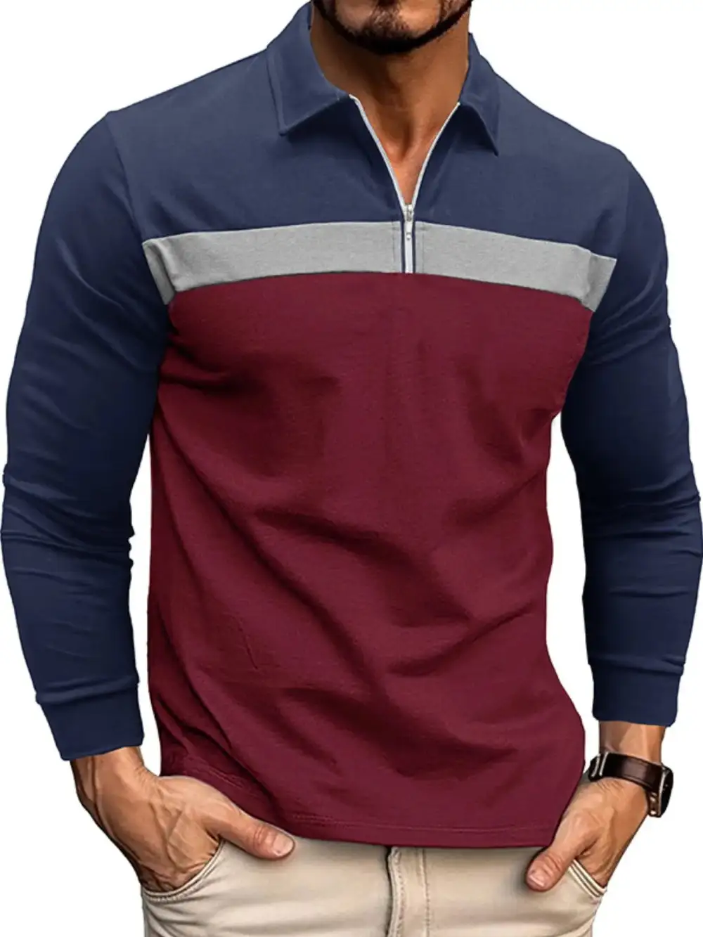Textured Contrast Detail Collared Polo Shirt