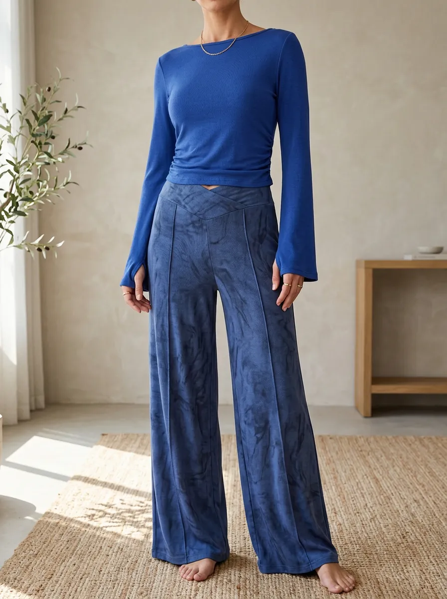 Women's Casual Tie-Dye Patterned Long Sleeve Wide Leg Pants Set