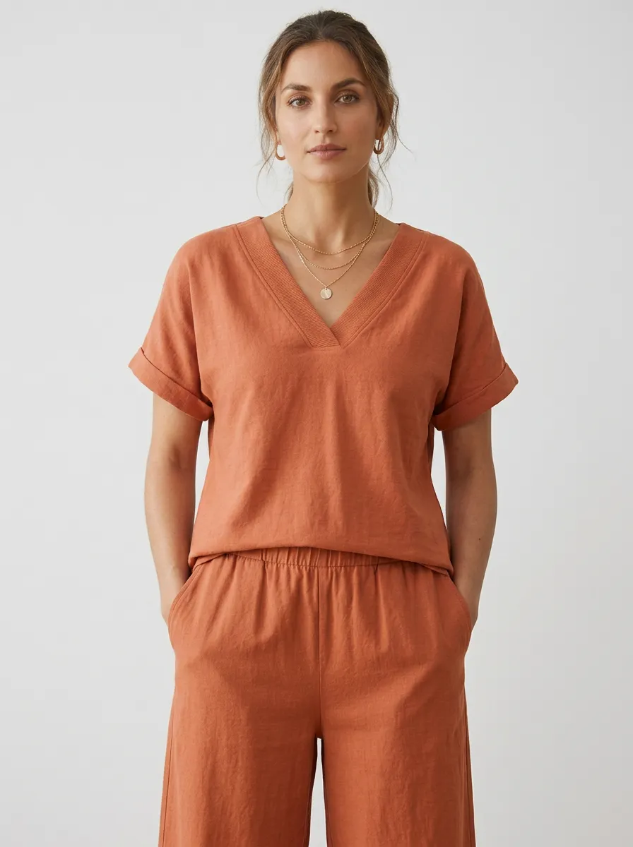 Easy-Wear Short-Sleeve Ribbed Women's V-Neck Casual Lounge Set
