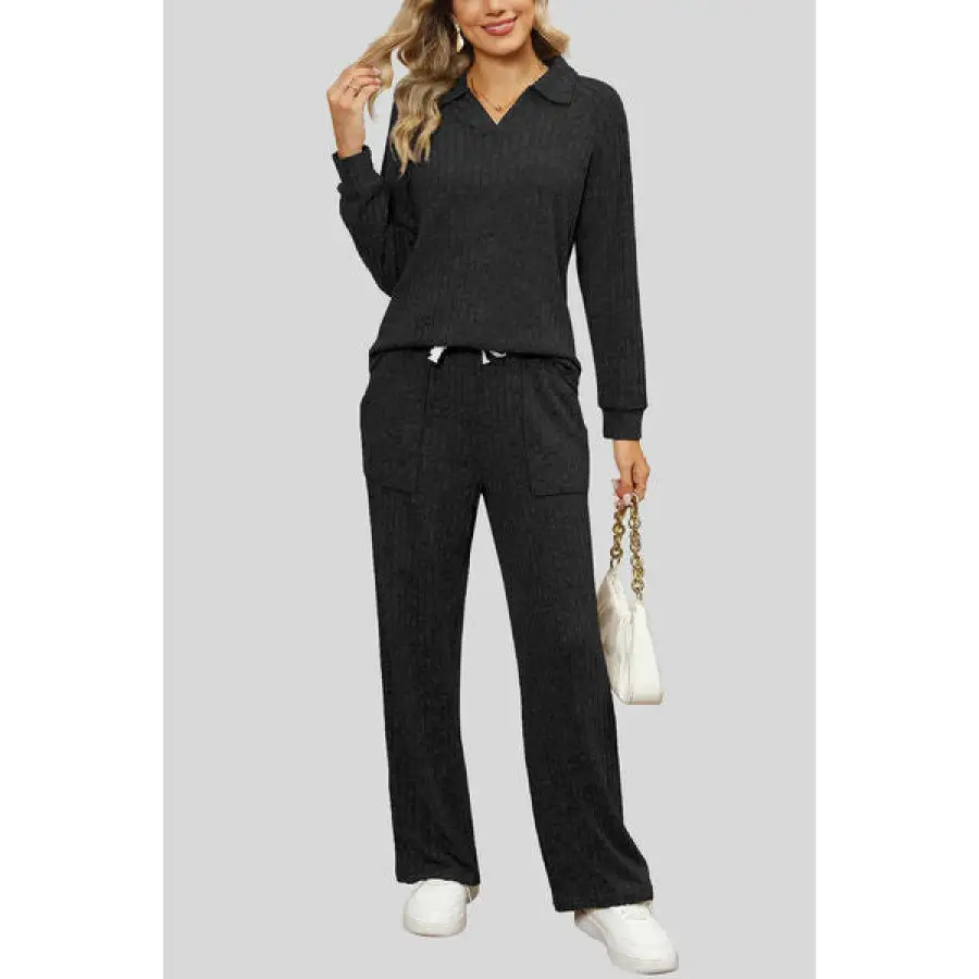 Ribbed Long Sleeve Top and Pocketed Pants Set
