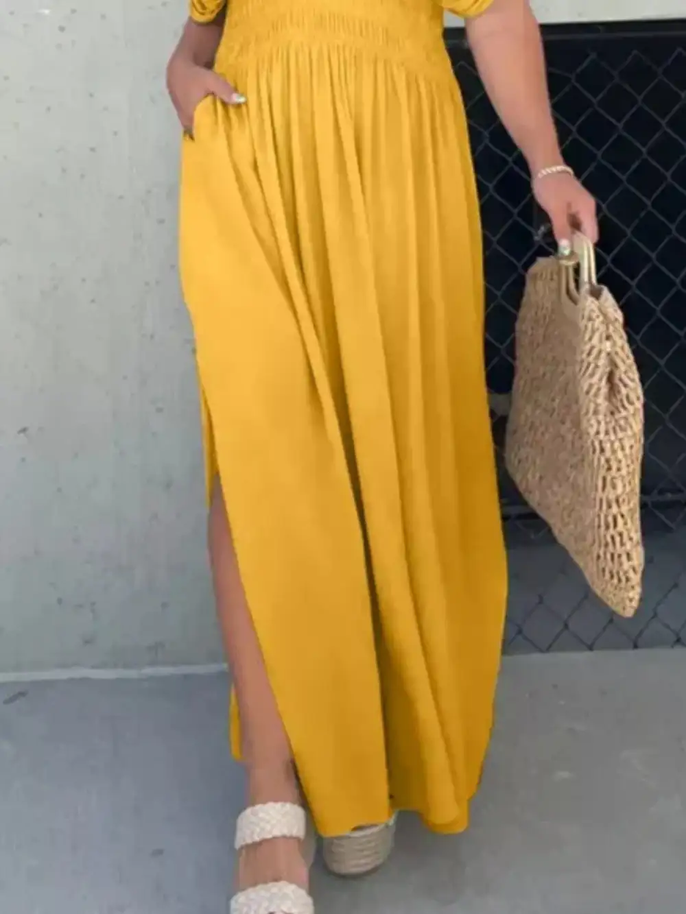 V Neck Smocked Slit Maxi Dress