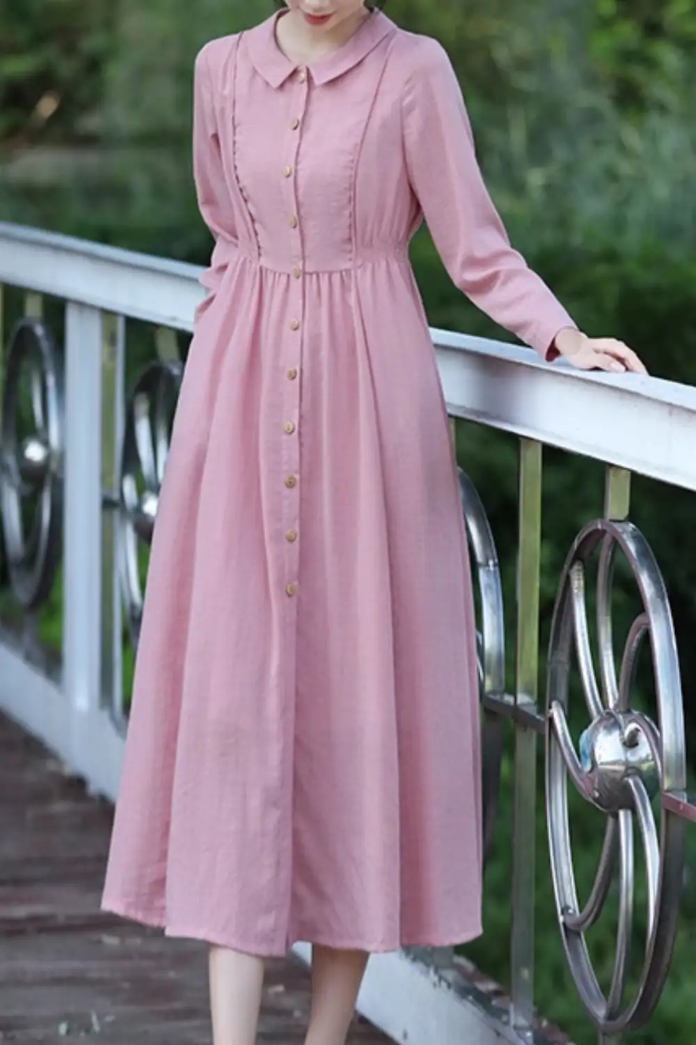 Linen Cotton Fit And Flare Lapel Collar Long Sleeve Midi Dress