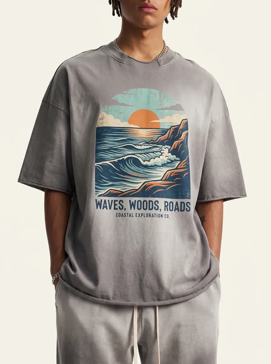 Men's Coastal Exploration Ocean Sunset Printed T-shirt
