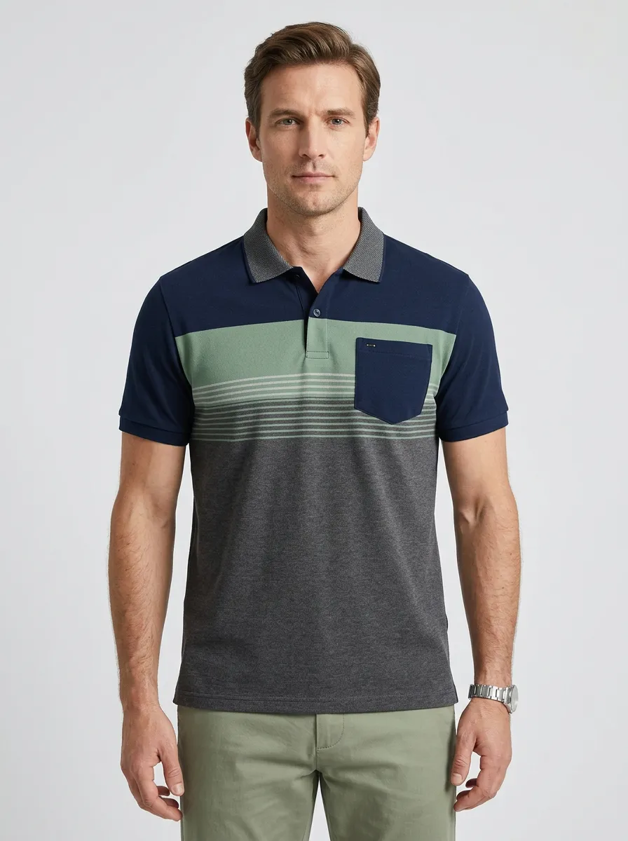 Men's Classic Colorblock Striped Pocket Polo Shirt