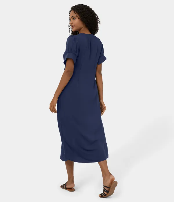 Deep V Neck Bishop Sleeve Button Tie Front Ruched Midi Casual Dress