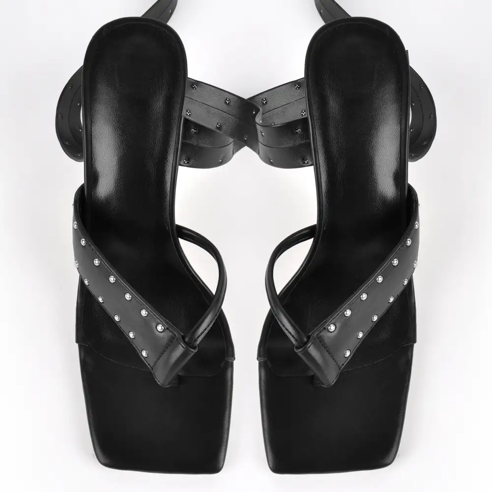 Square Toe Thong Rivet Strappy Lace Up Sandals