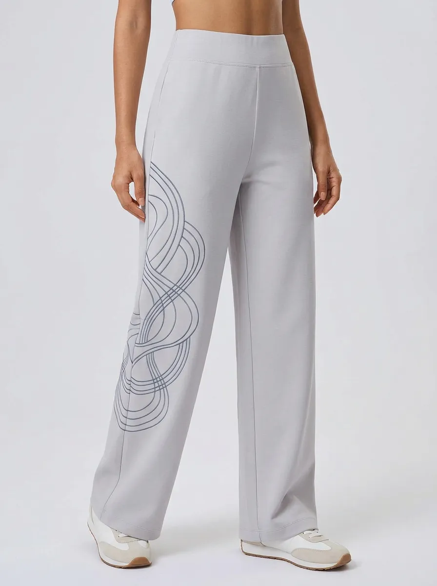 Women's Light Gray Graphic Print Wide-Leg Trousers Sweatpants