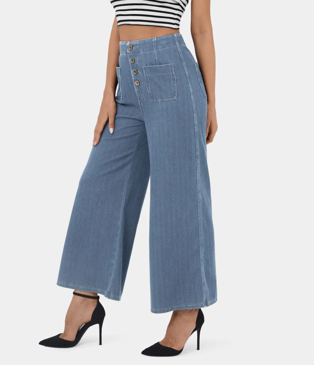 Magic High Waisted Button Pockets Washed Stretchy Knit Casual Wide Leg Jeans