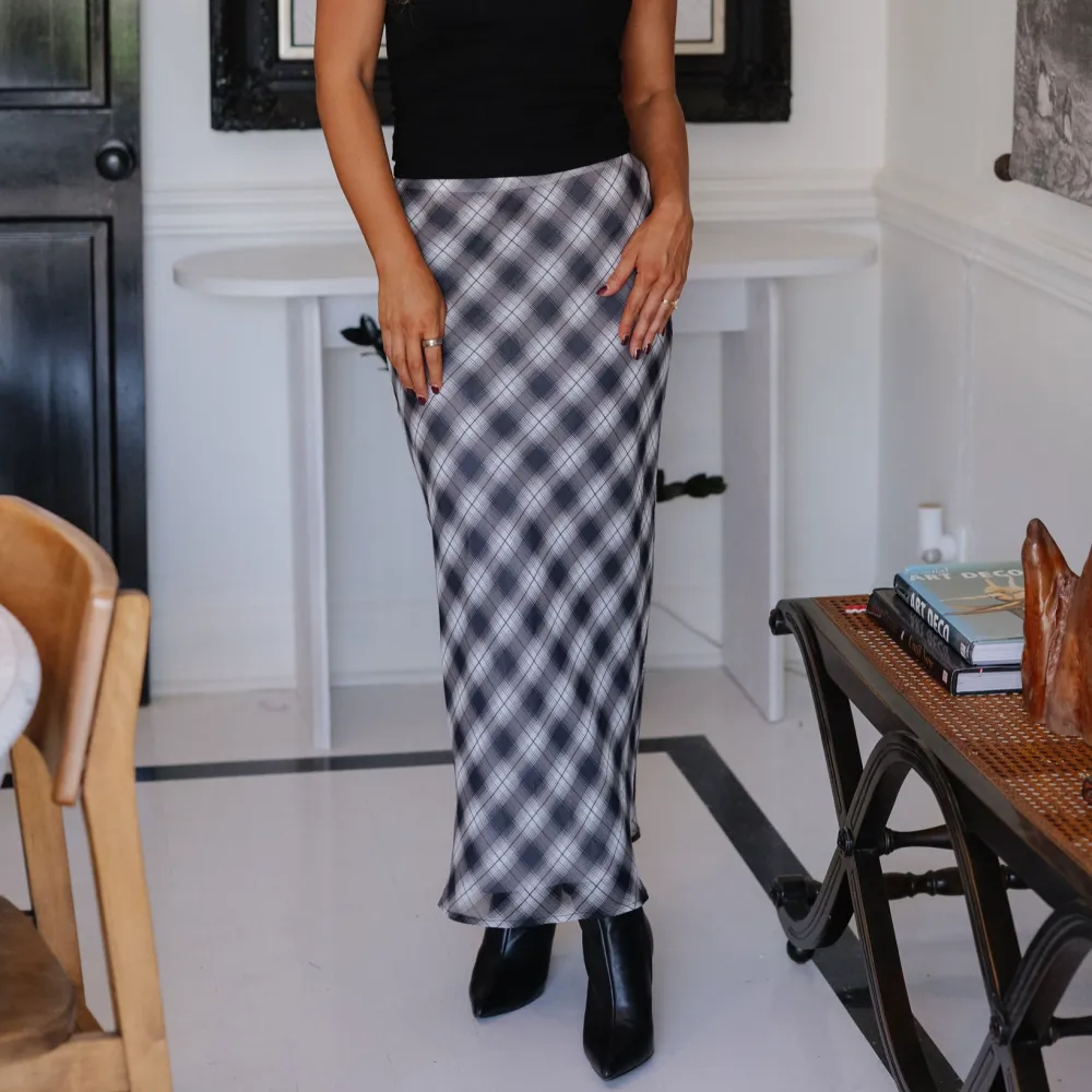Plaid Chiffon High Rise Midi Skirt
