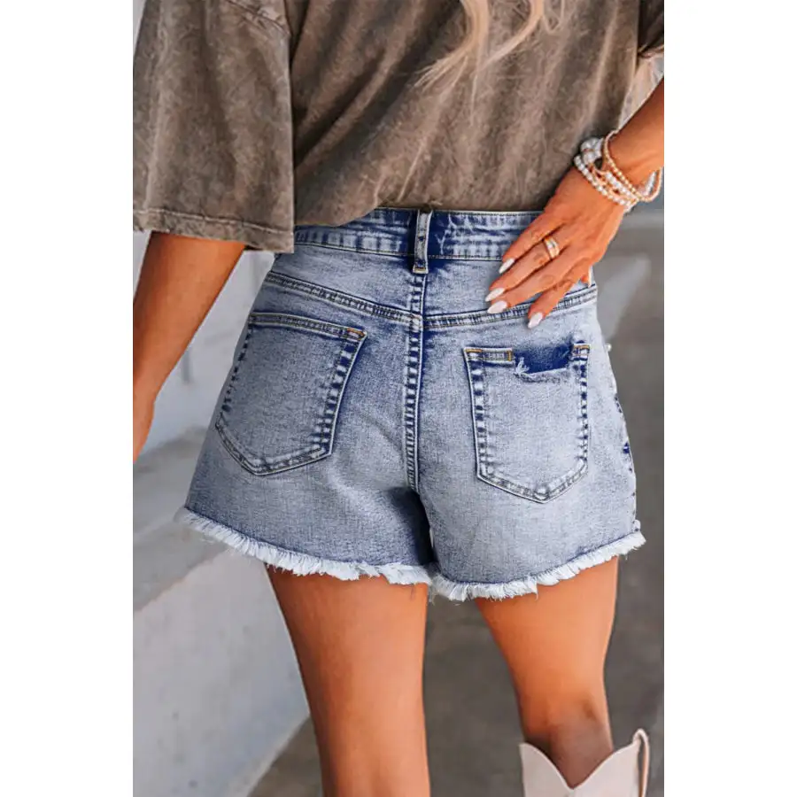 Pearl Studded Pockets Raw Hem Denim Shorts
