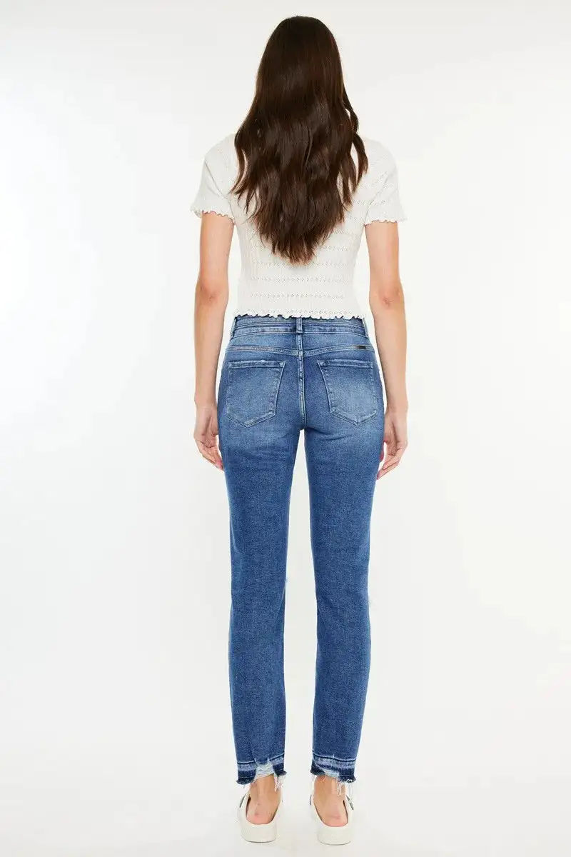 Textured High Waist Straight Leg Distressed Denim Jeans