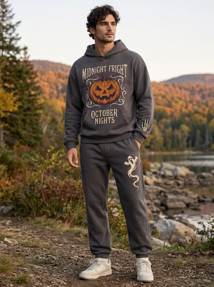 Men's Halloween Charcoal Pumpkin Ghost Skeleton-Hand Hoodie Jogger Set