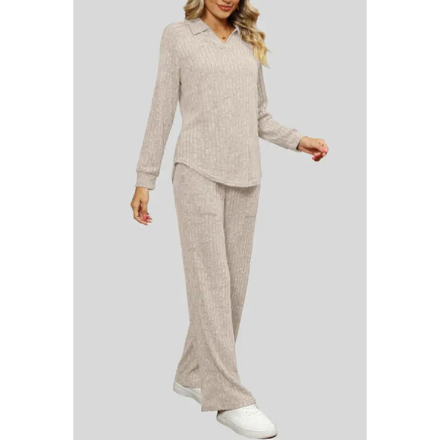 Ribbed Long Sleeve Top and Pocketed Pants Set
