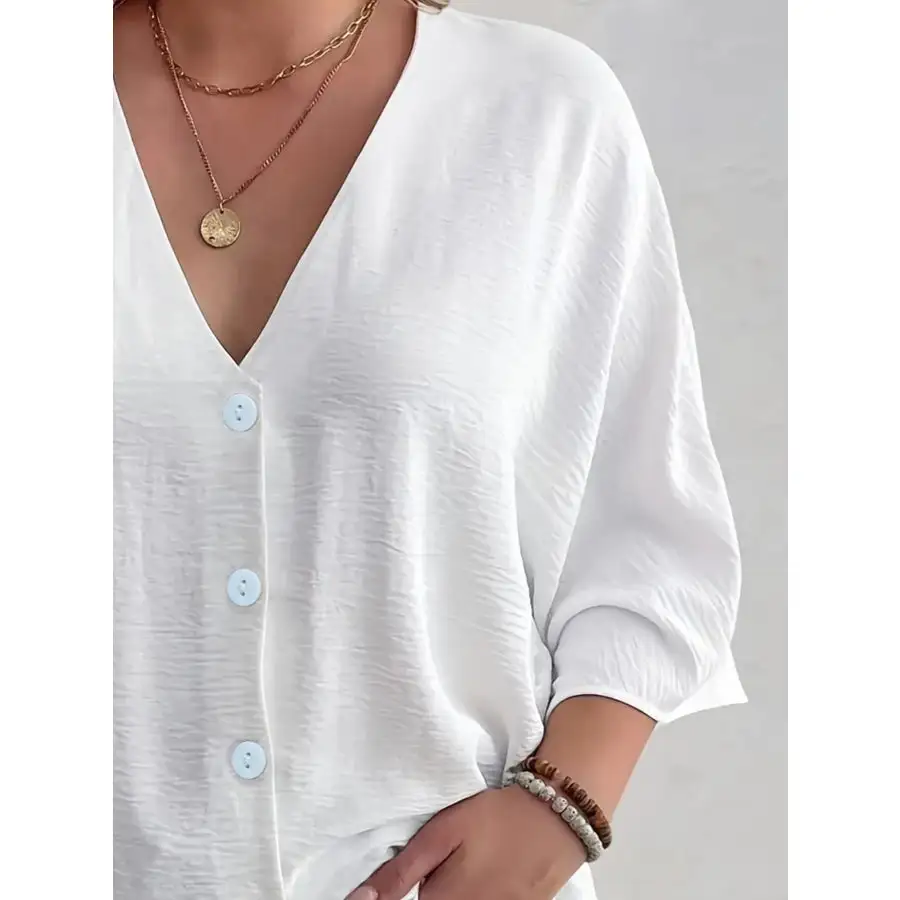 Full Size Casual V Neck Button Down Relaxed Fit Blouse Plus Size