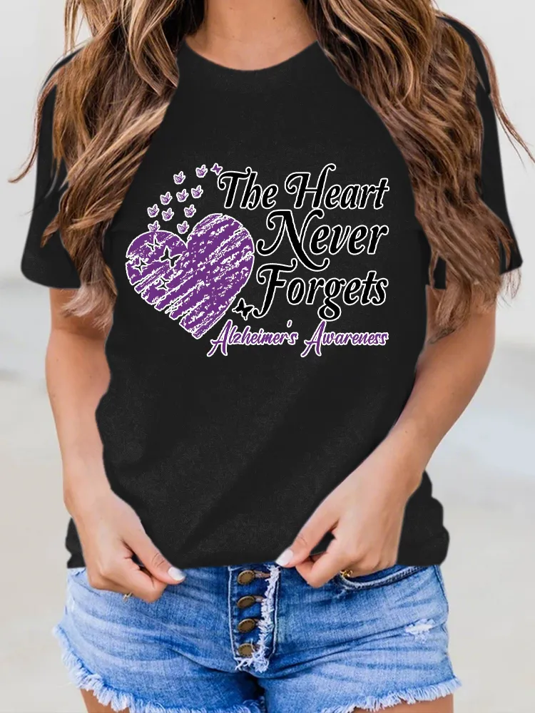 Women's The Hart Never Forgets Alzheimer's Awareness Round-Neck Short-Sleeved T-Shirt