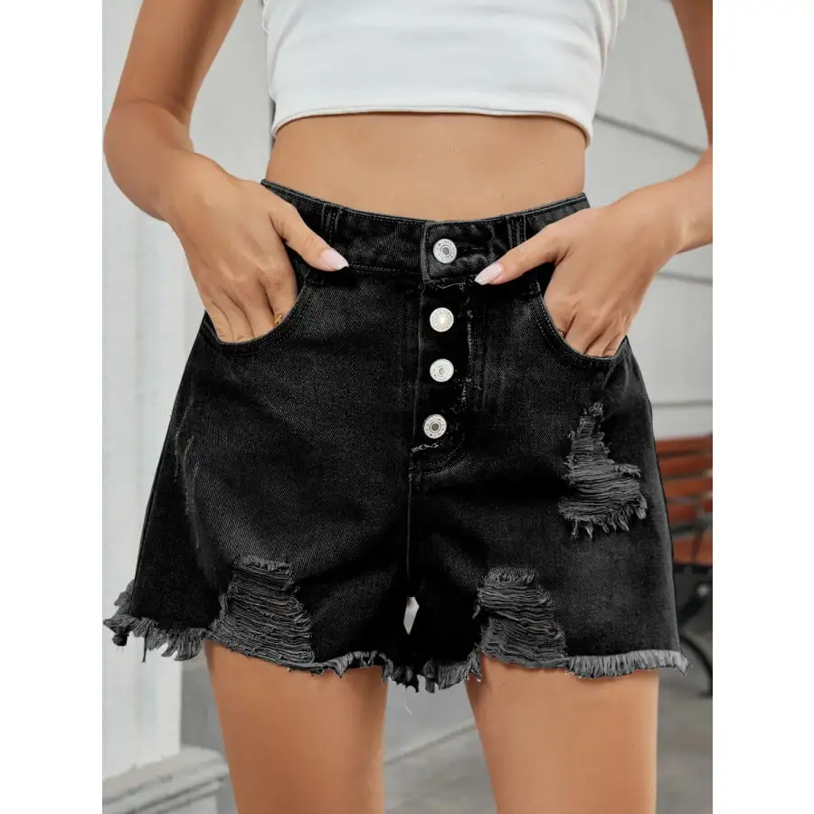 Soft Distressed Raw Hem Denim Shorts