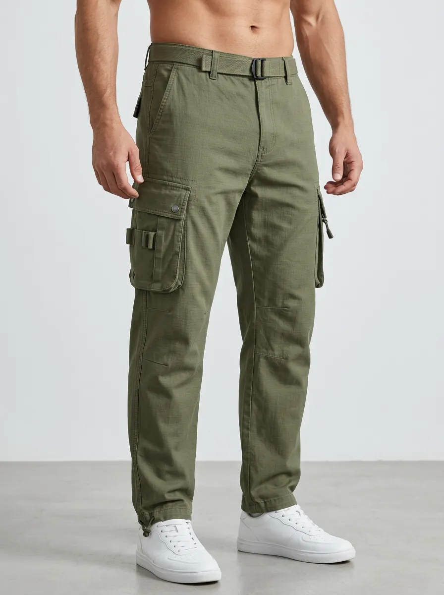 Men's Tactical Outdoor Olive Green Multi-Pocket Integrated Webbing Belt Cargo Pants