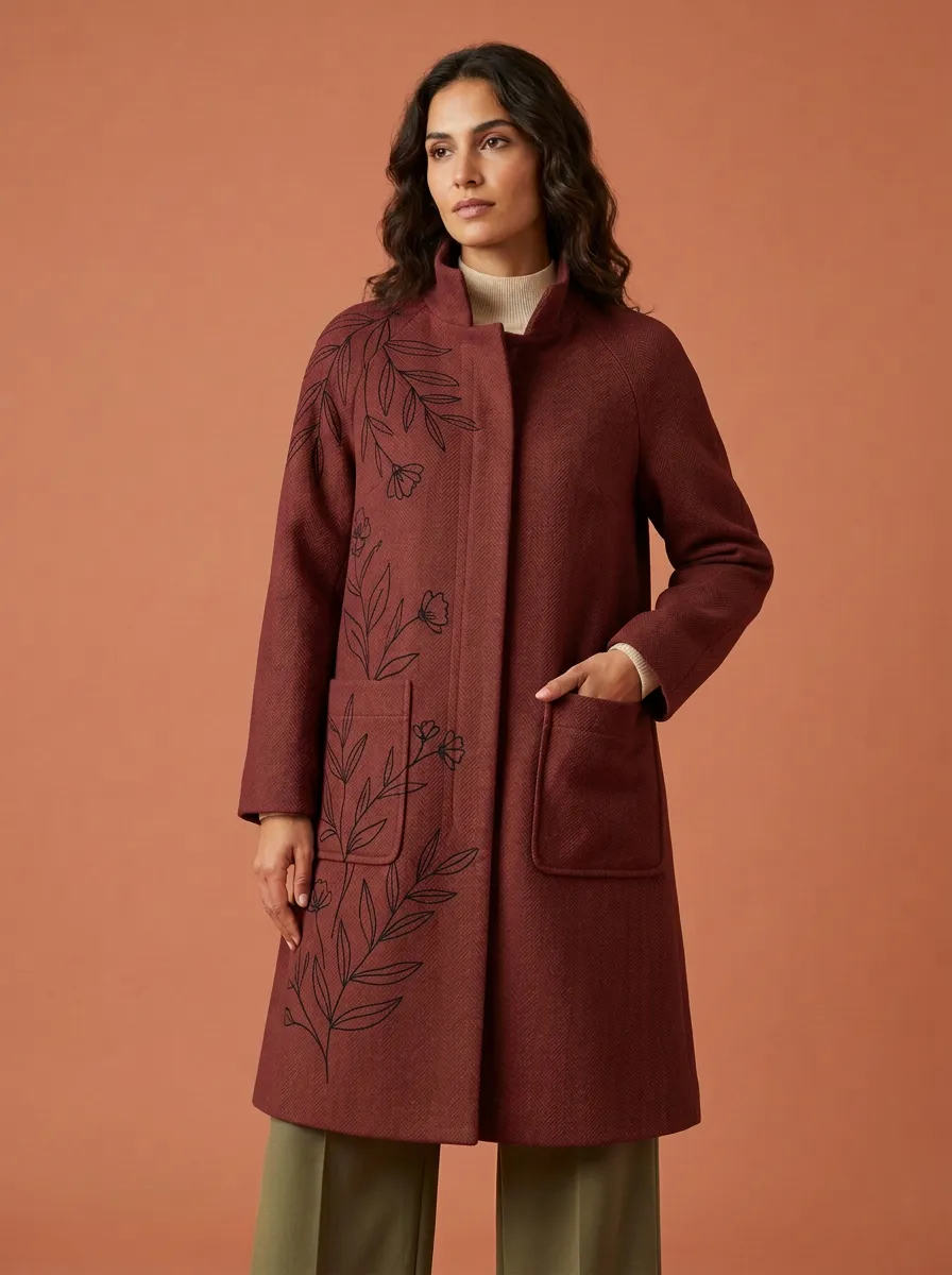 Women's Hudson Botanical Floral Line-Art Pattern Coat