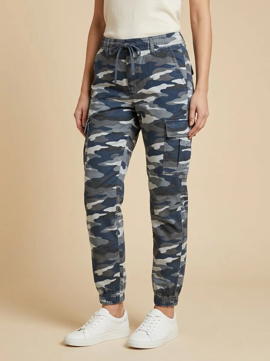 Women's Camouflage Mid-Rise Elastic-Waist Drawstring Button-Flap Pocket Cargo Joggers