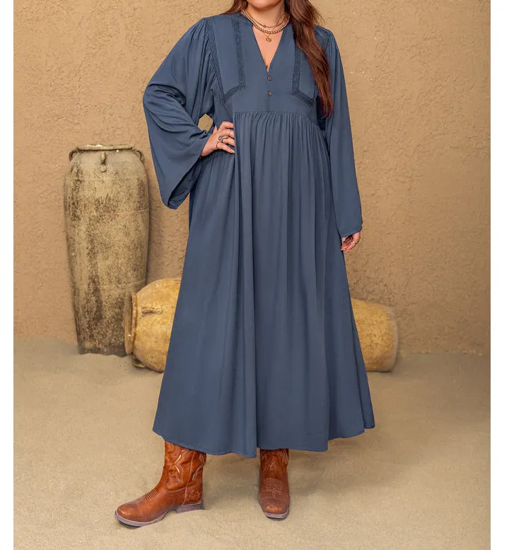 Plus Size Lace Detail Notched Long Sleeve Midi Dress