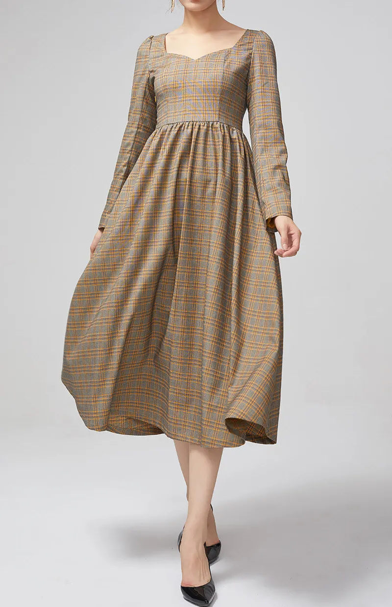 Plaid Polyester Ruffle Long Sleeve Midi Dress