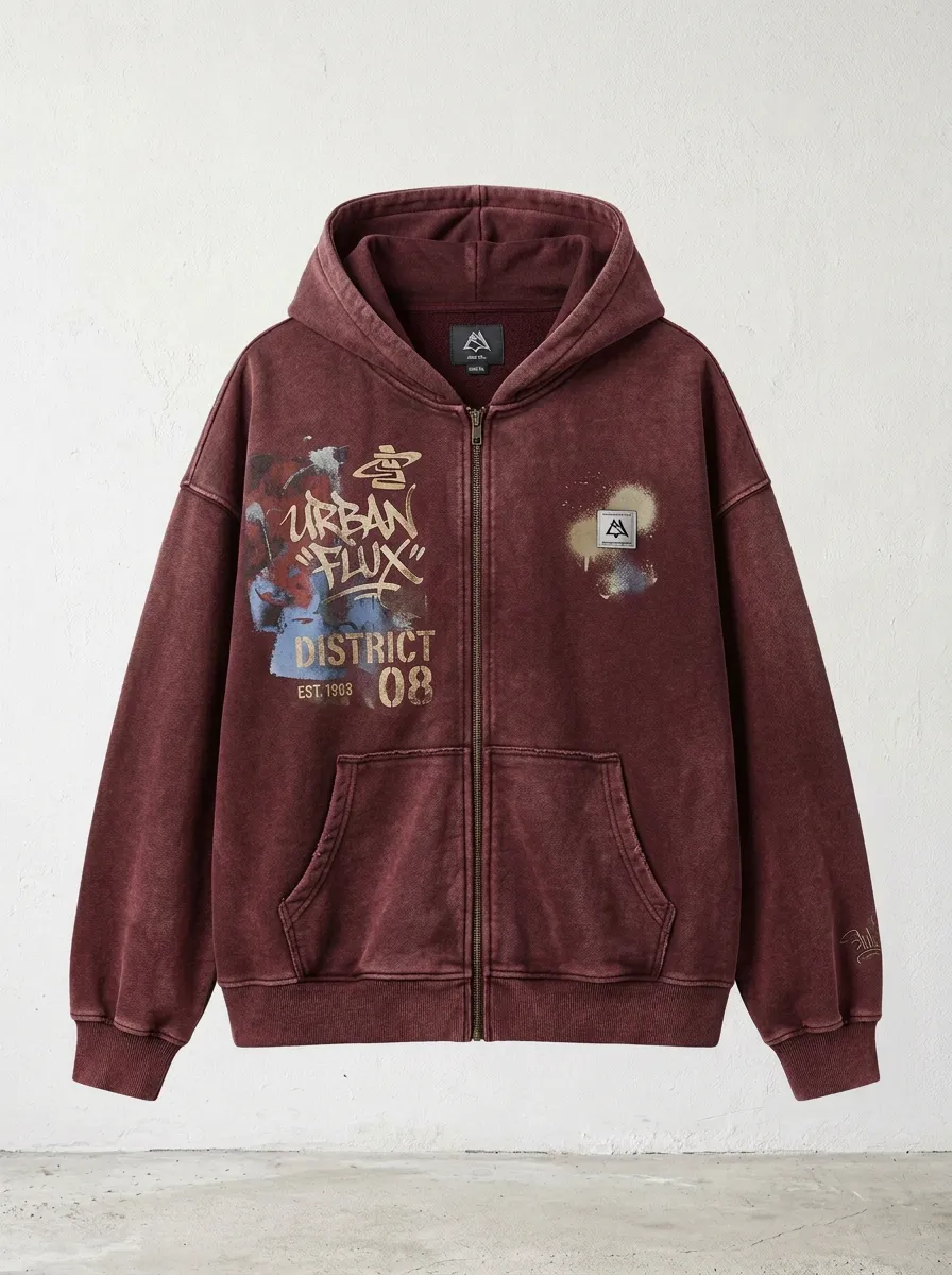 Unisex Streetwear Urban Flux Graffiti Printed Zip-up Hoodie