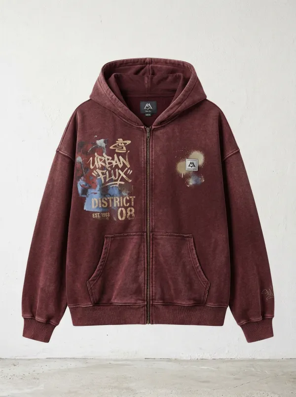 Unisex Streetwear Urban Flux Graffiti Printed Zip-up Hoodie