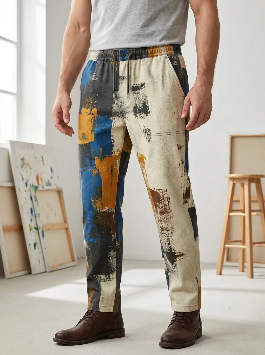 Men's Elastic-Waist Abstract Print Drawstring Trousers