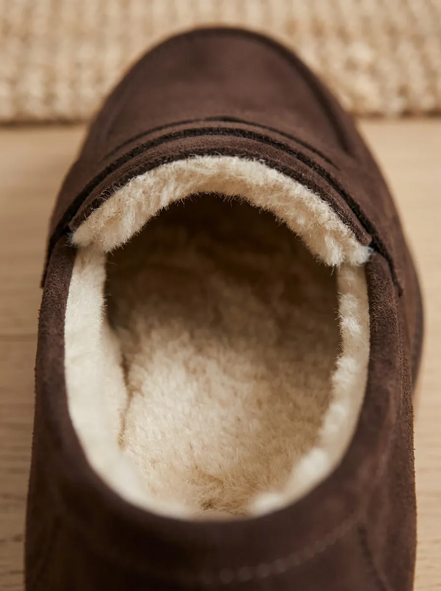 Women's Traditional Faux Fur Lined Platform Suede Wood Sole Loafers