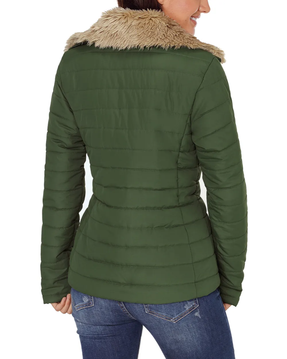 Faux Fur Collar Trim Quilted Jacket