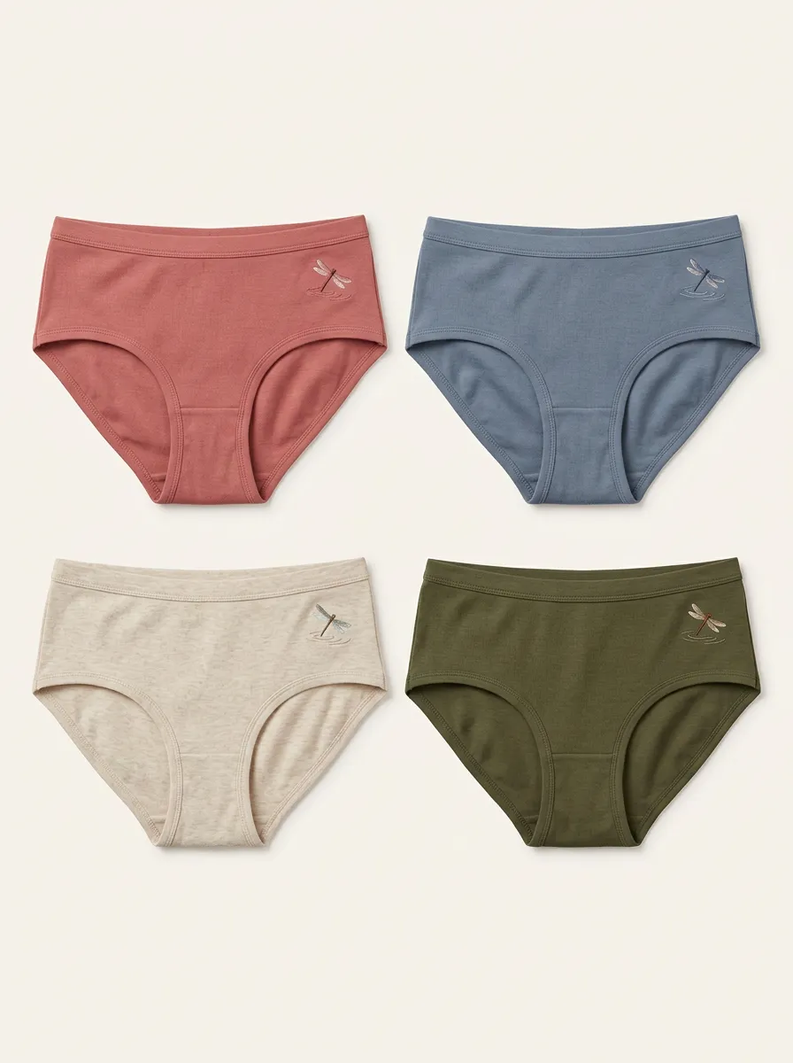 Women's Four-Pair Dragonfly-Embroidered Mid-Rise Brief Set