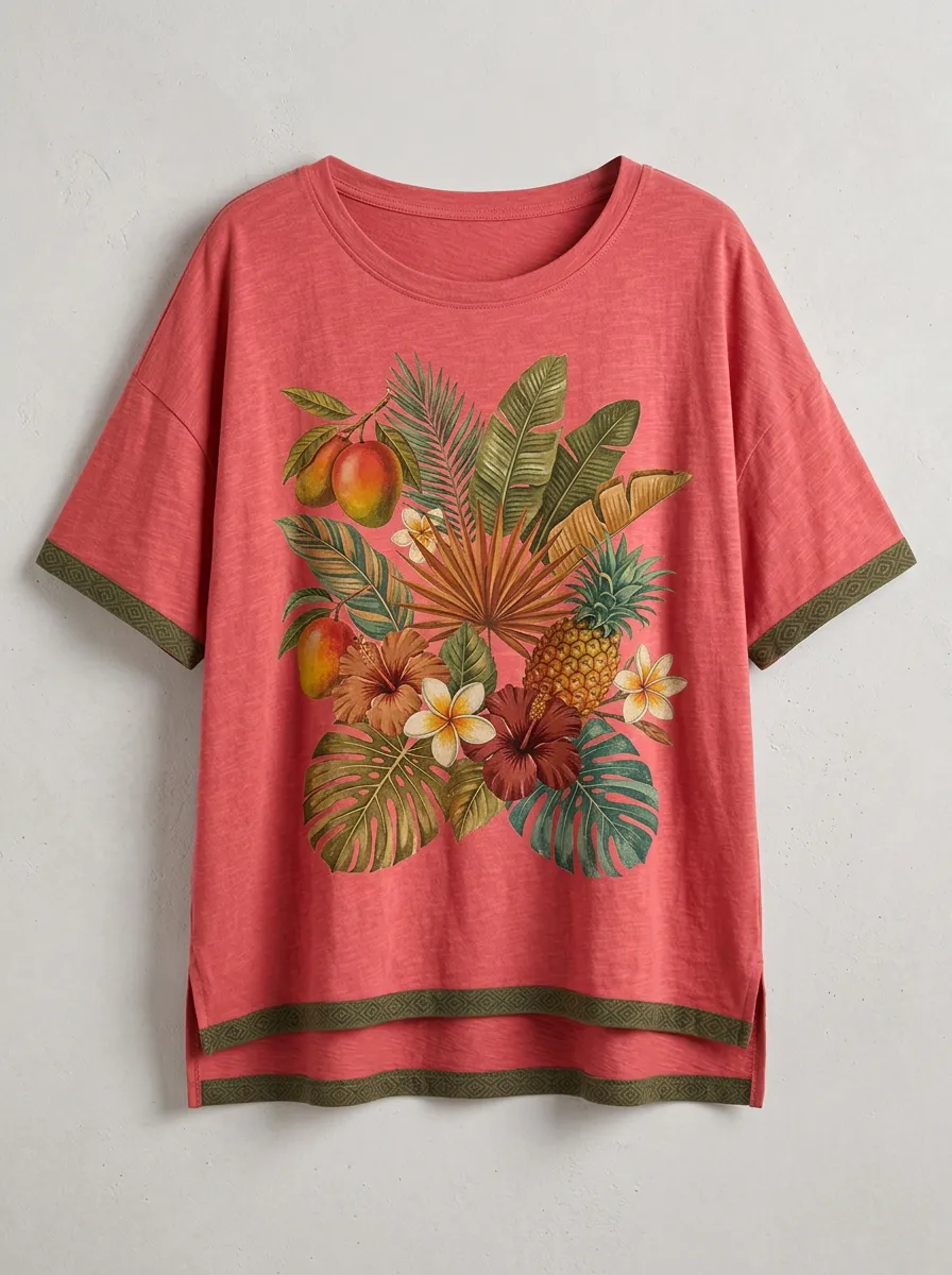 Women's Tropical Fruit Floral Monstera Printed T-shirt