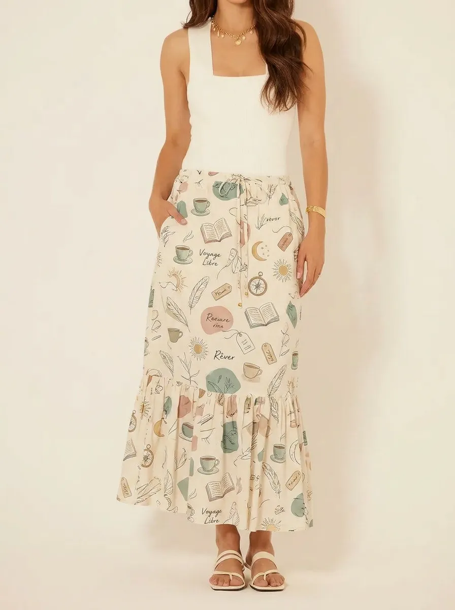 Women's Book Coffee Lover Aesthetic Printed Midi Skirt