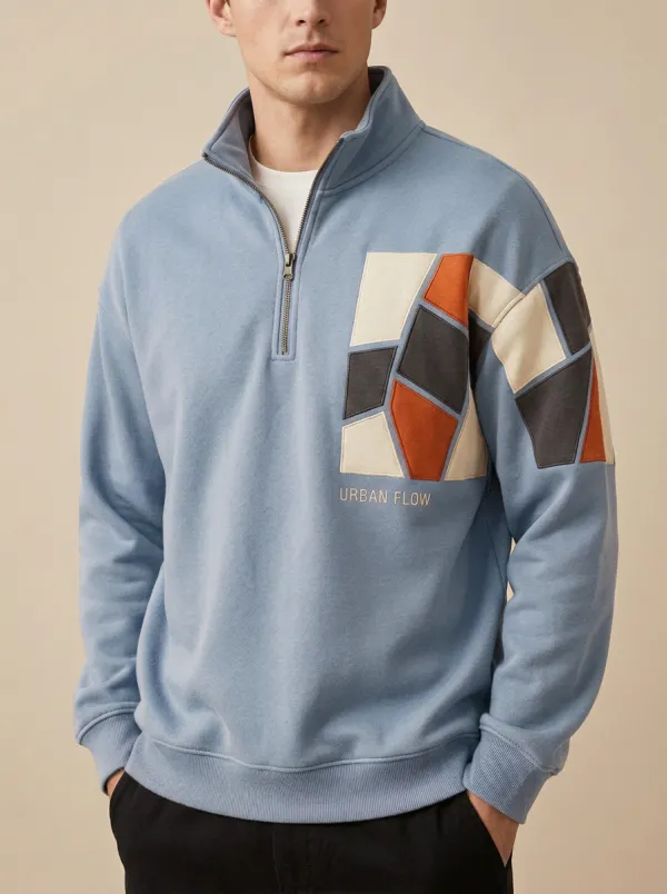 Layered Half-Zip Geometric Patchwork Men's Half-Zip Sweatshirt